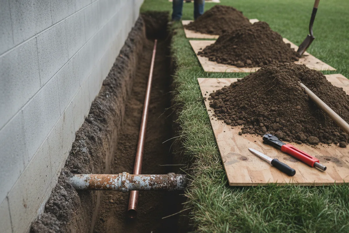Excavated water line trench during Water Softener Installation in Housatonic